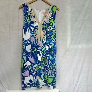 Lilly Pulitzer XL Blue Green Floral Shift Dress Gold Trim